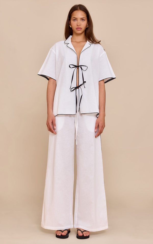 Cream Linen Look Contrast Wide Leg Pants