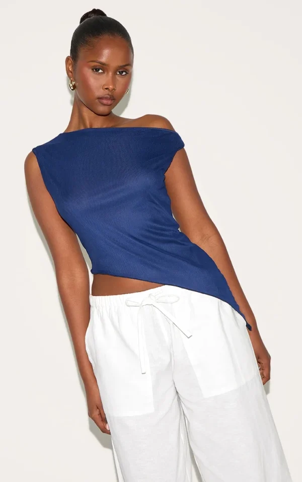 Navy Asymmetric Neck Mesh Top