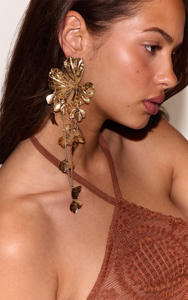Gold Flower Drape Statement Earrings