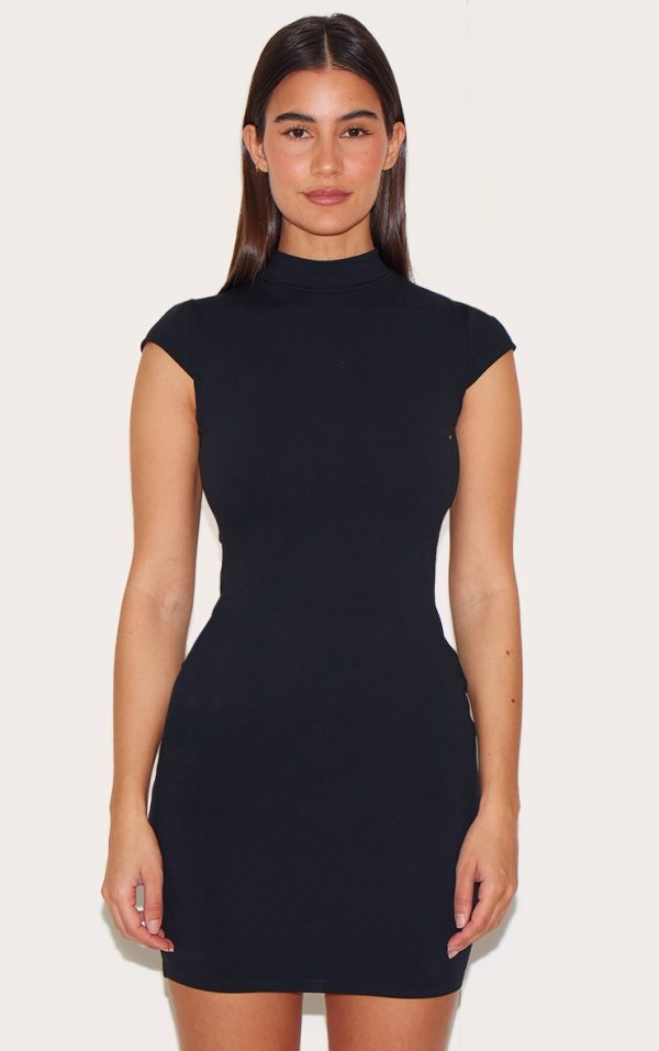 Black Snatched Sculpt Cap Sleeve Bodycon Dress