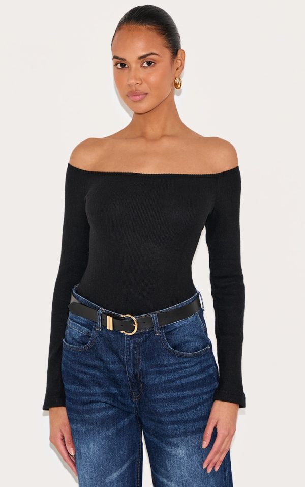 Black Brushed Rib Bardot Long Sleeve Bodysuit