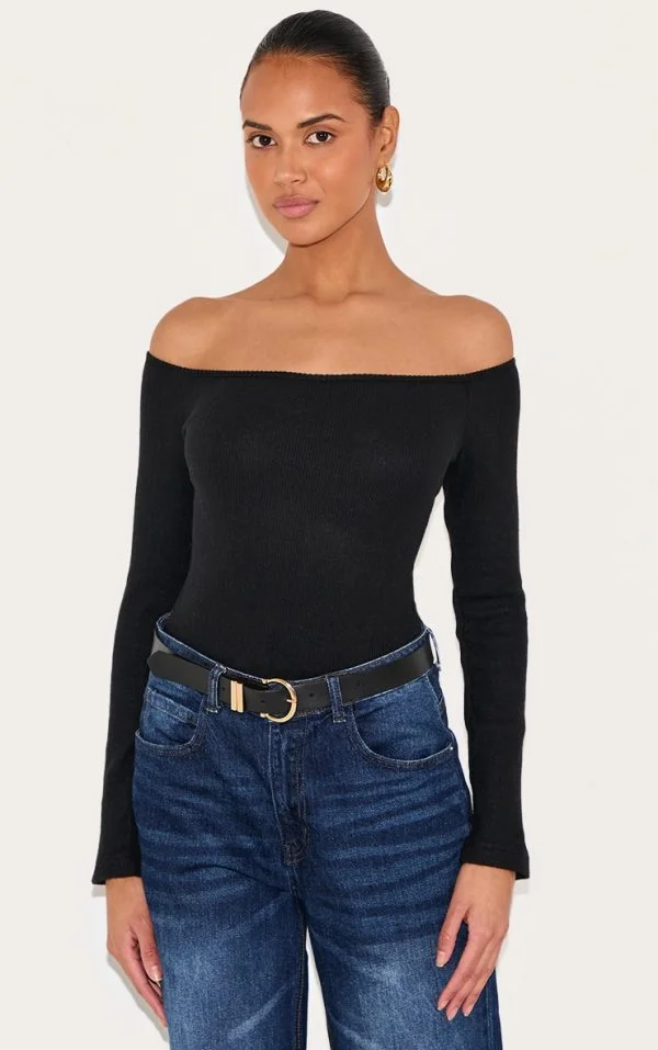 Black Brushed Rib Bardot Long Sleeve Bodysuit