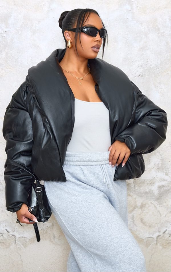 Plus Deep Black Exaggerated Collar PU Cropped Puffer Coat