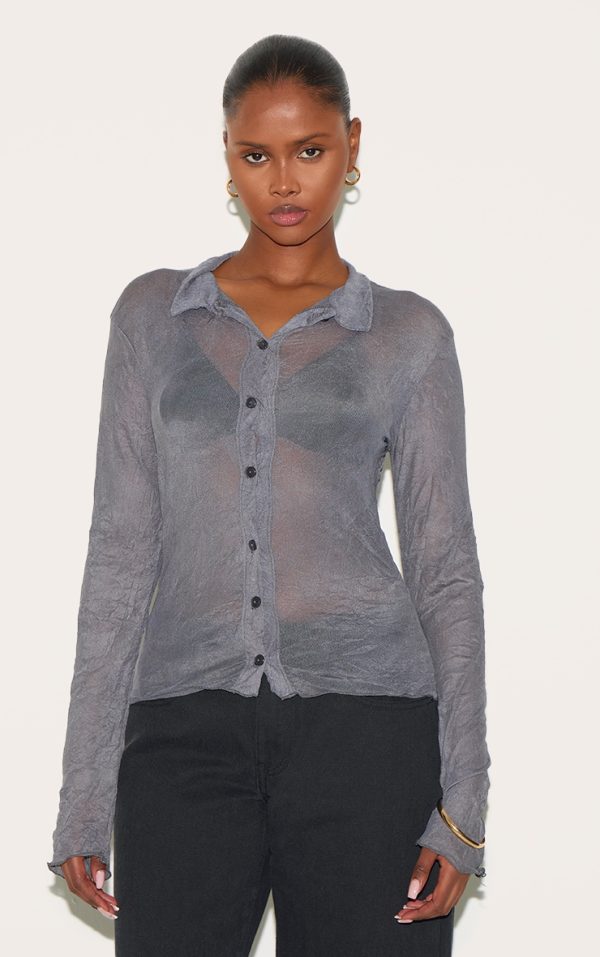 Charcoal Crushed Mesh Long Sleeve Fitted Shirt