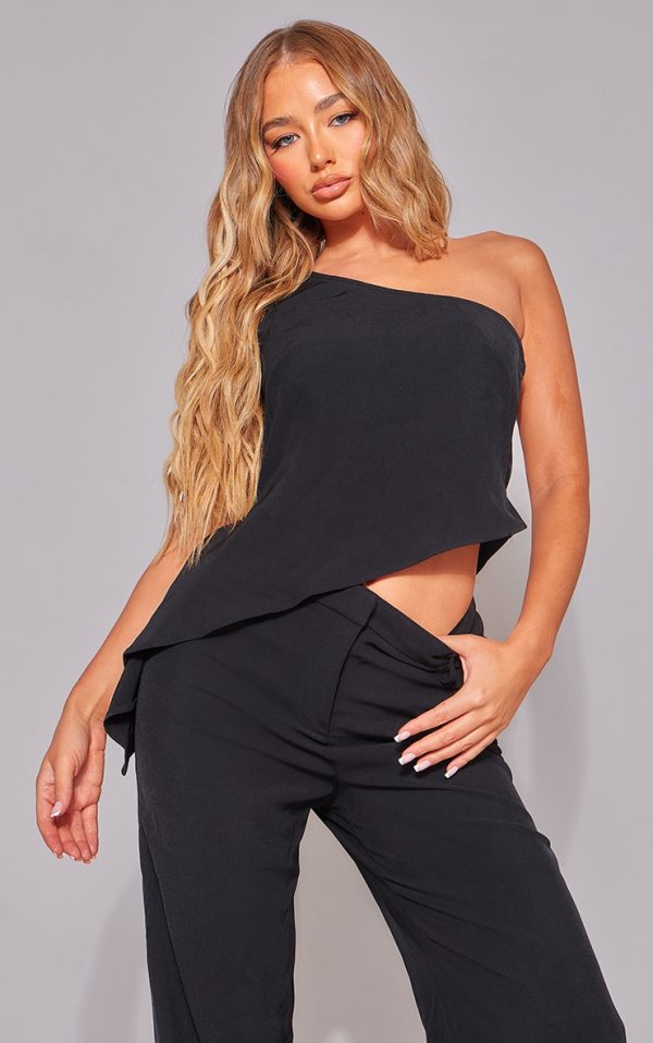 Black Woven Asymmetric Frill Detail One Shoulder Top