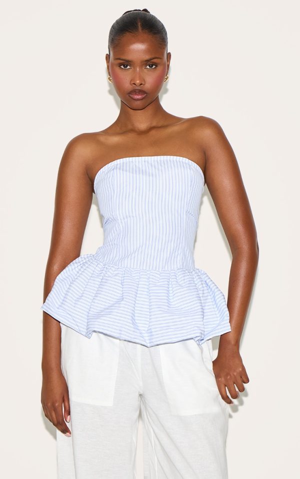 Blue Striped Bandeau Puff Ball Top