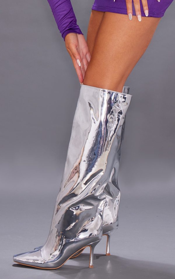 Silver Metallic Point Toe Knee High Heeled Boots