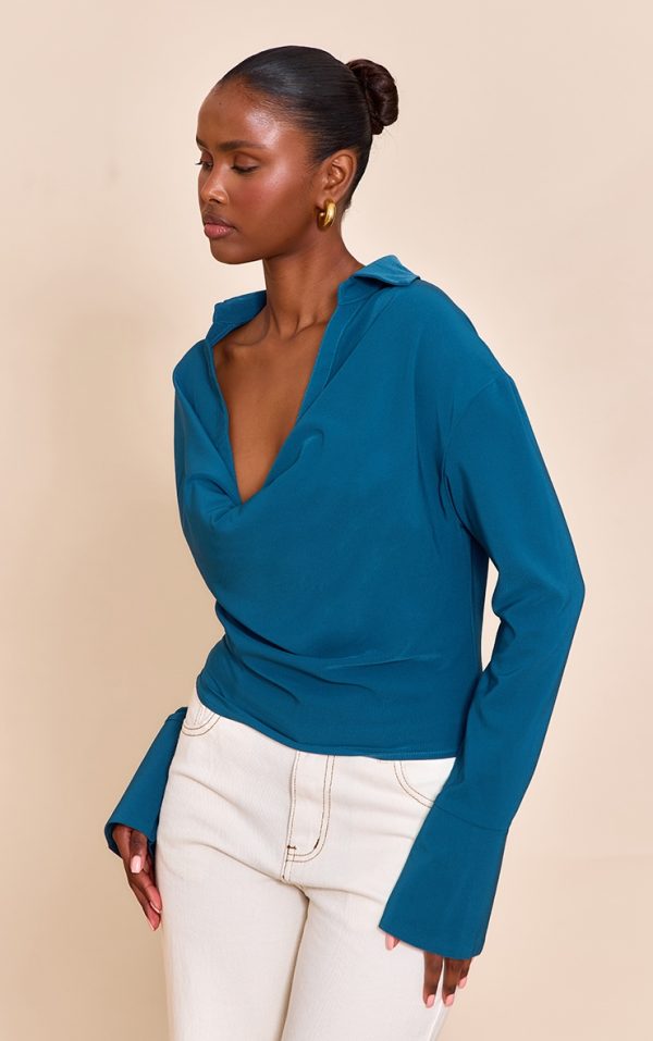 Teal Chiffon Cowl Neck Blouse