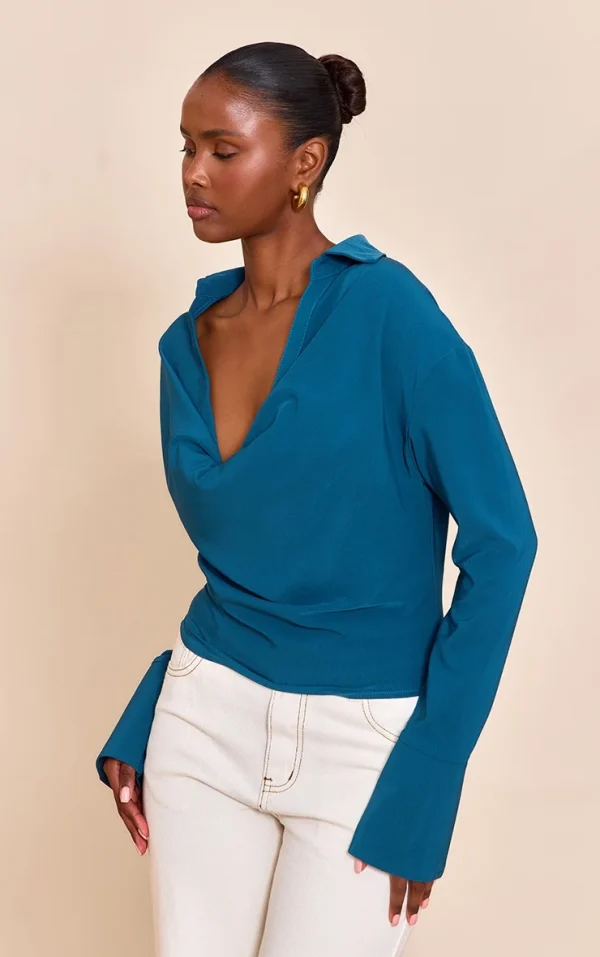 Teal Chiffon Cowl Neck Blouse