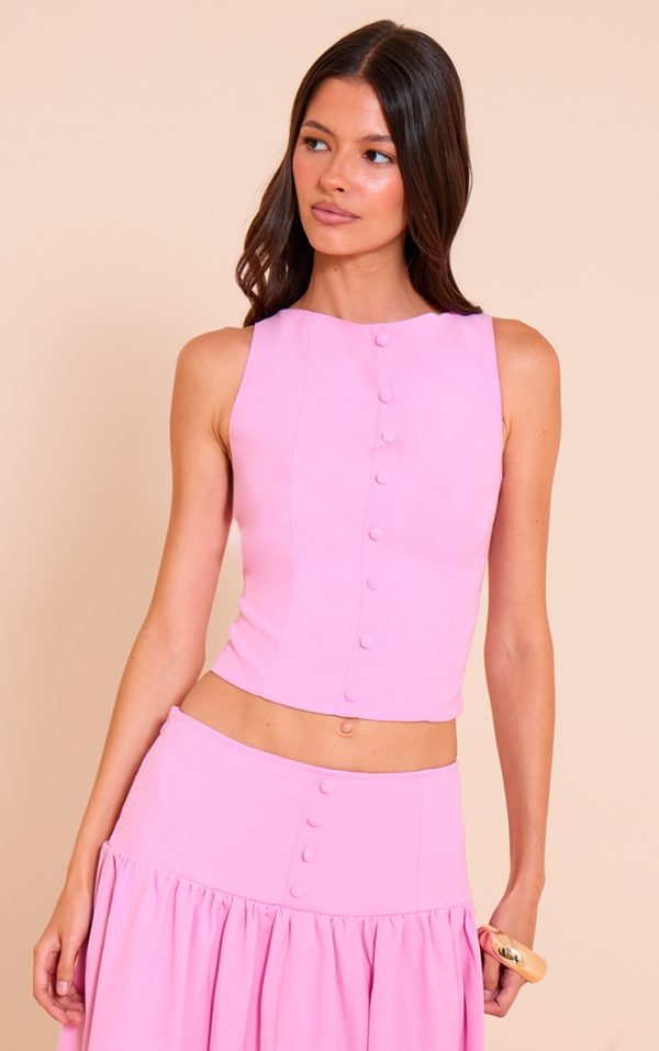 Candy Pink Woven Button Detail Vest