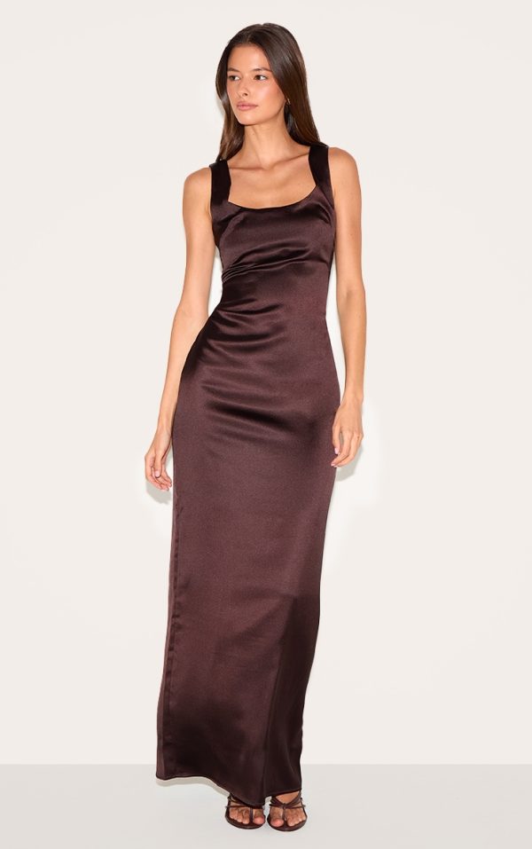 Chocolate Satin Scoop Neck Maxi Dress