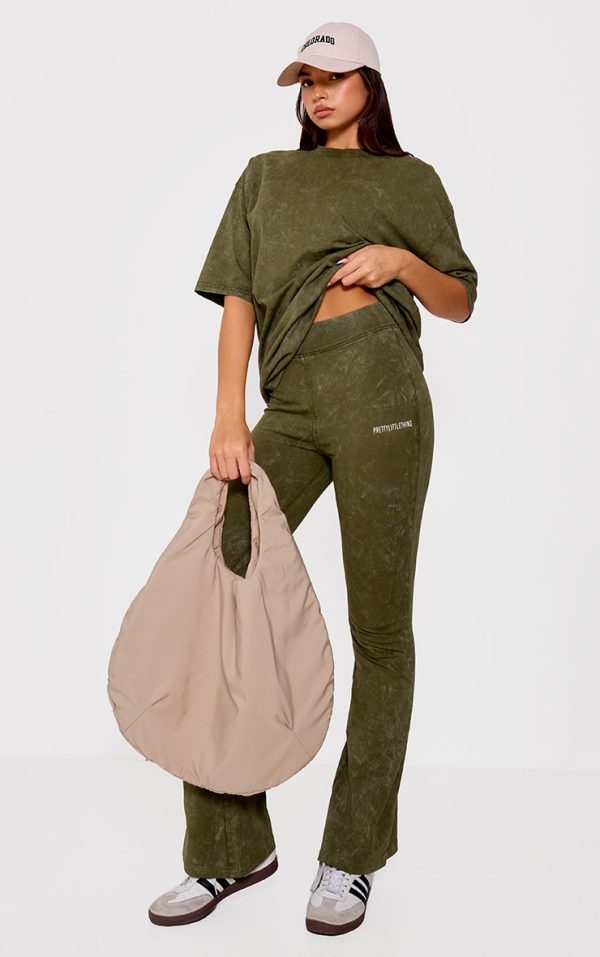 PRETTYLITTLETHING Khaki Print Washed High Waist Flared Pants