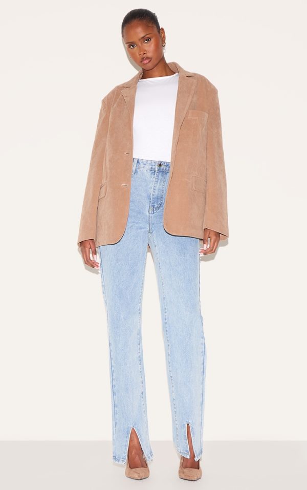 Light Blue Wash Front Split Long Leg Straight Jeans