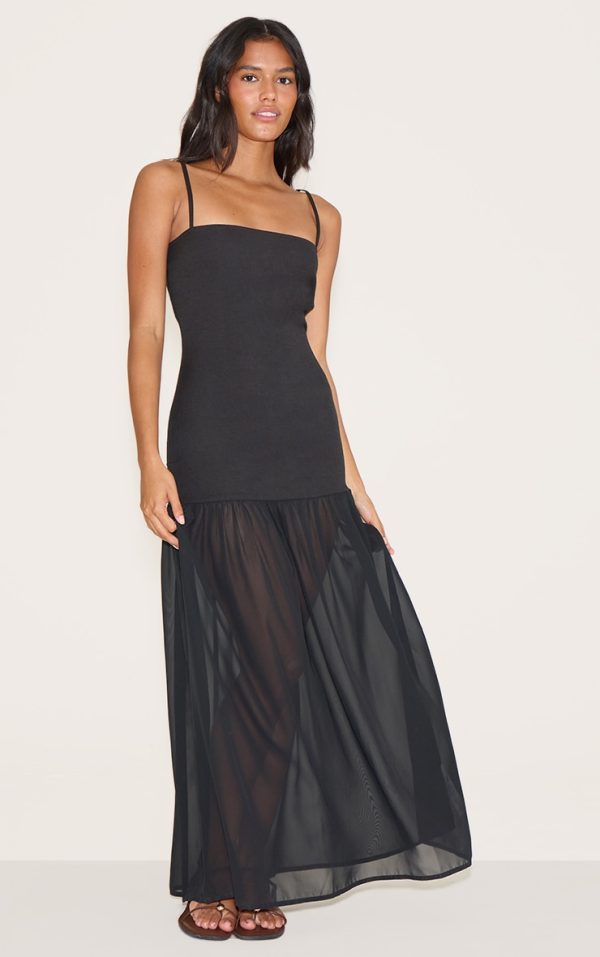 Black Linen Look Strappy Dropped Waist Maxi Dress