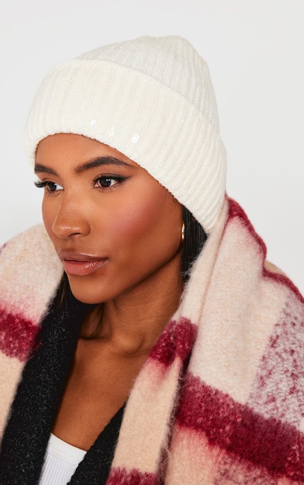 Cream Sequin Rib Beanie