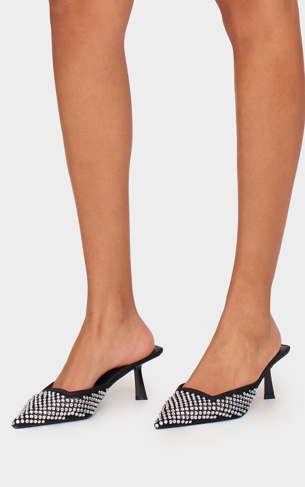 Black Diamante Mesh Point Toe Mid Stiletto Heeled Mules