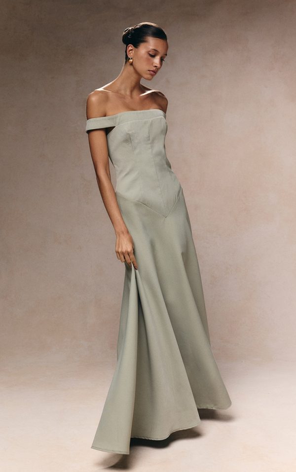 Sage Green Structured Bardot V Waist Maxi Dress
