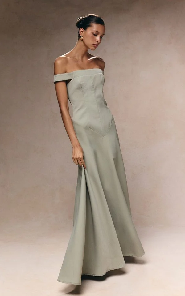 Sage Green Structured Bardot V Waist Maxi Dress