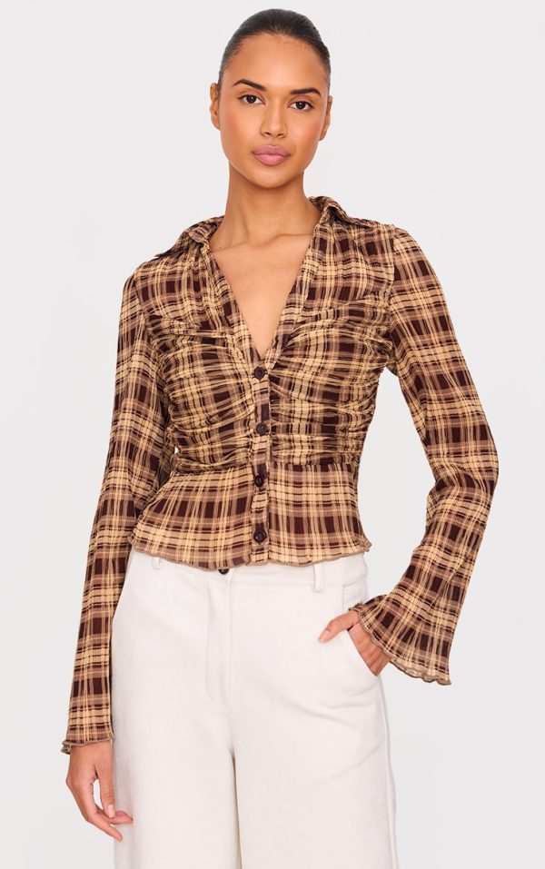 Brown Plisse Chiffon Check Blouse