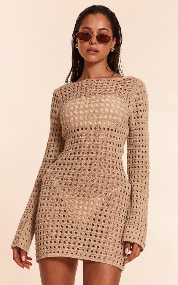 Stone Crochet Long Sleeve Mini Beach Dress