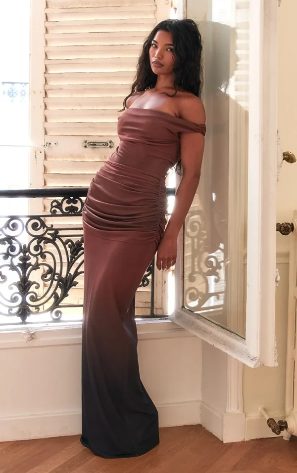 PLT Label Rust Ombre Print Bandage Mesh Bardot Maxi Dress