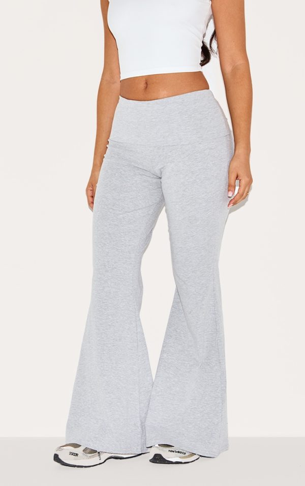 Petite Grey Marl Cotton Fold Detail Flared Pants