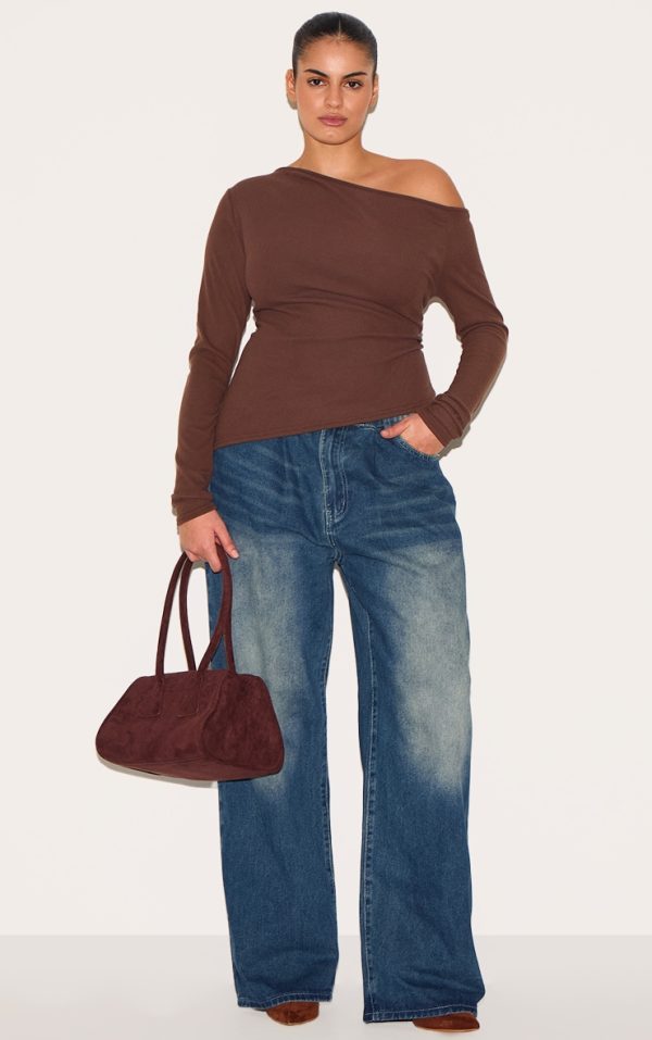 Plus Chocolate Bardot Soft Touch Rib Long Sleeve Top