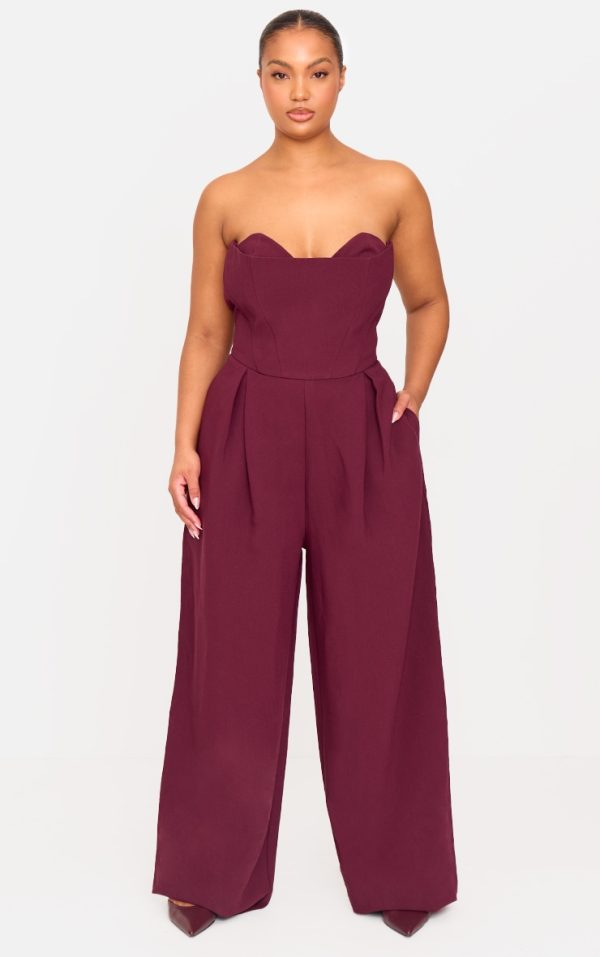 Plus Burgundy Corset Bust Detail Wide Leg Tailored Jumpsuit