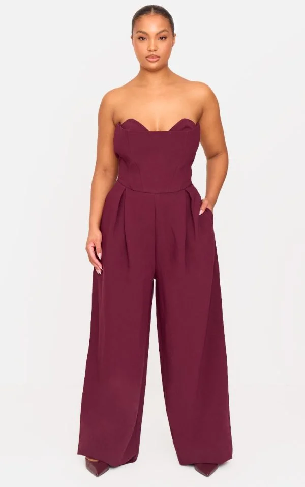 Plus Burgundy Corset Bust Detail Wide Leg Tailored Jumpsuit