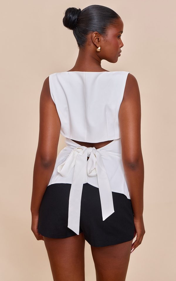 White Heavy Woven Tie Back Detail Structured Top