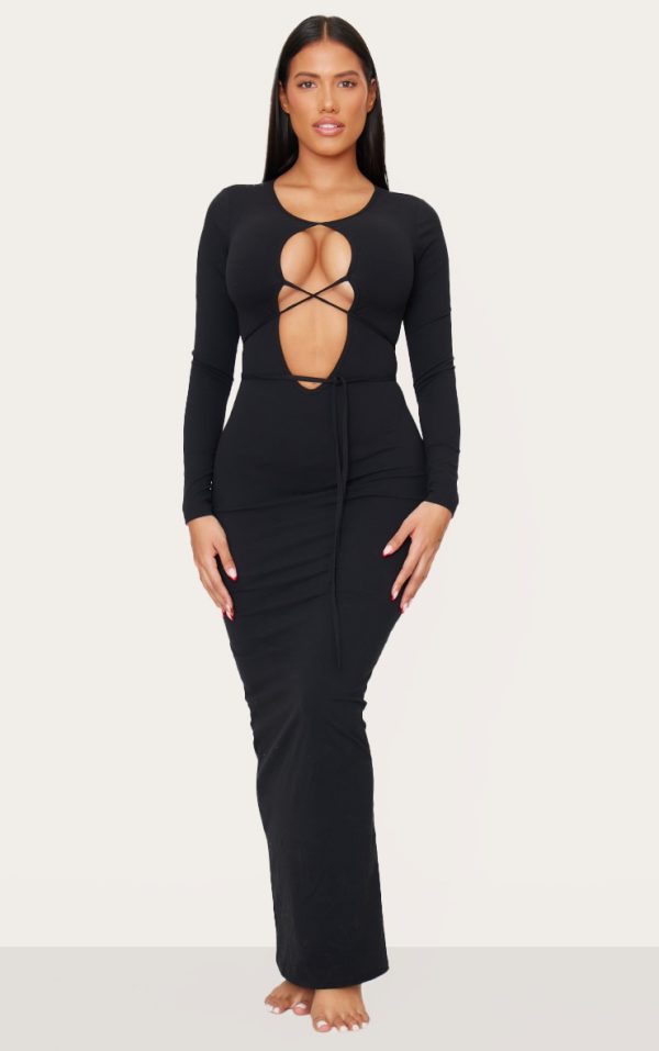 Shape Black Sculpt Plunge Front Strappy Waist Long Sleeve Maxi Dress
