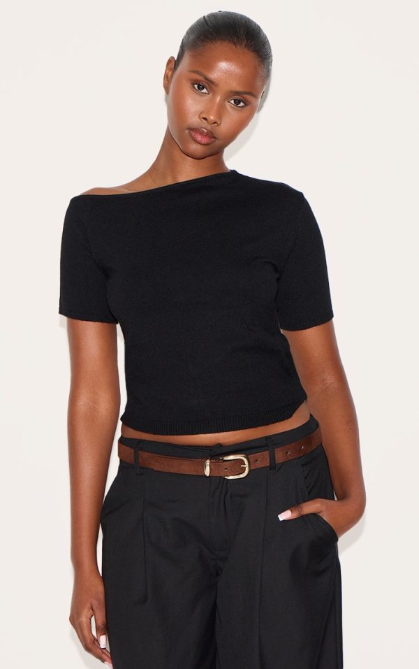 Black Basic Knit Asymmetric Neckline Top