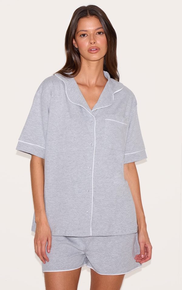 Grey Marl Jersey Piping Detail Short Pj Set