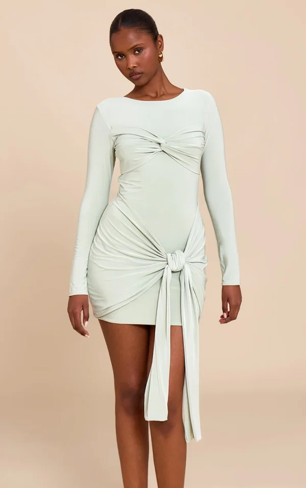 Sage Slinky Long Sleeve Wrap Twist Detail Mini Dress