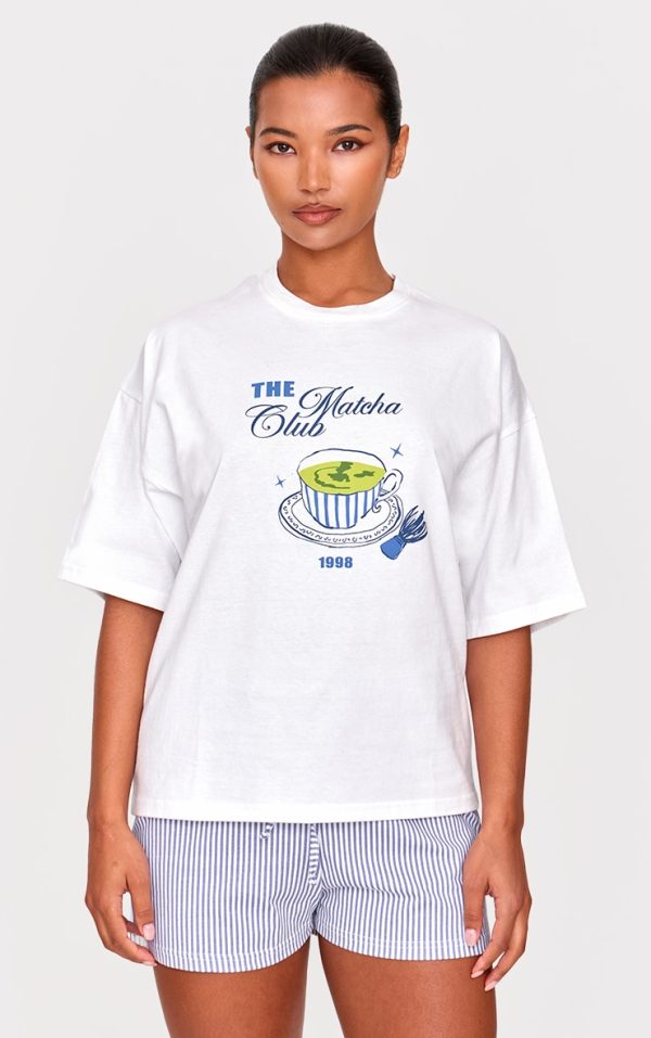 White Matcha Print Oversized Tee PJ Set
