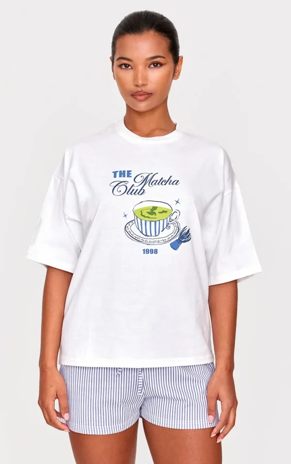White Matcha Print Oversized Tee PJ Set