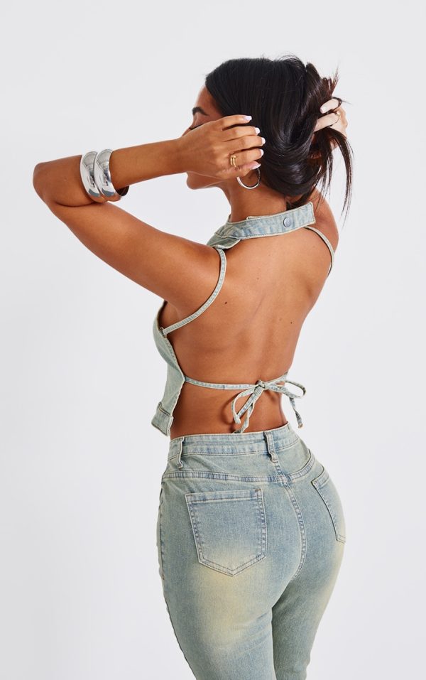 Petite Vintage Wash Denim Backless Top