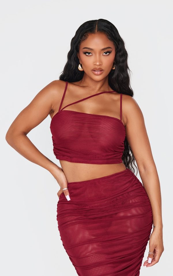 Shape Burgundy Mesh Strappy Ruched Crop Top