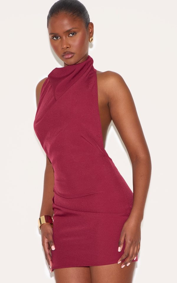 Wine High Neck Cowl Backless Bodycon Dress