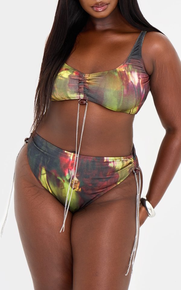 Plus Multi Abstract Print Chain Side High Leg Bikini Bottoms