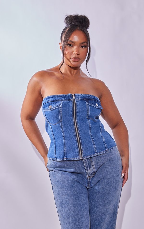 Plus Mid Blue Wash Bandeau Zip Up Denim Corset