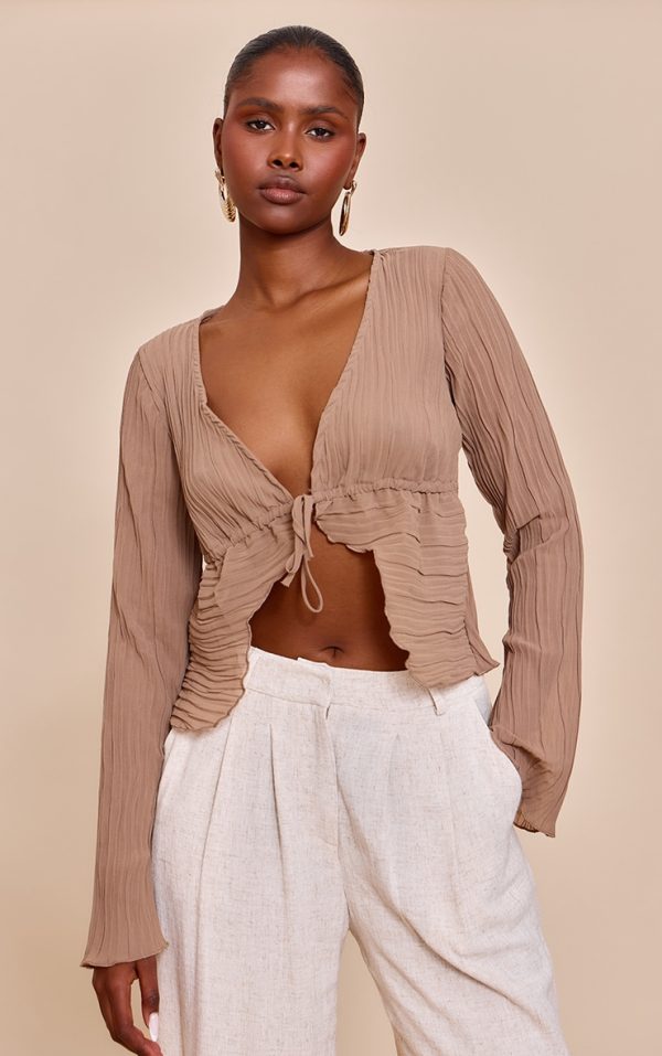 Mushroom Sheer Plisse Tie Front Flute Sleeve Blouse