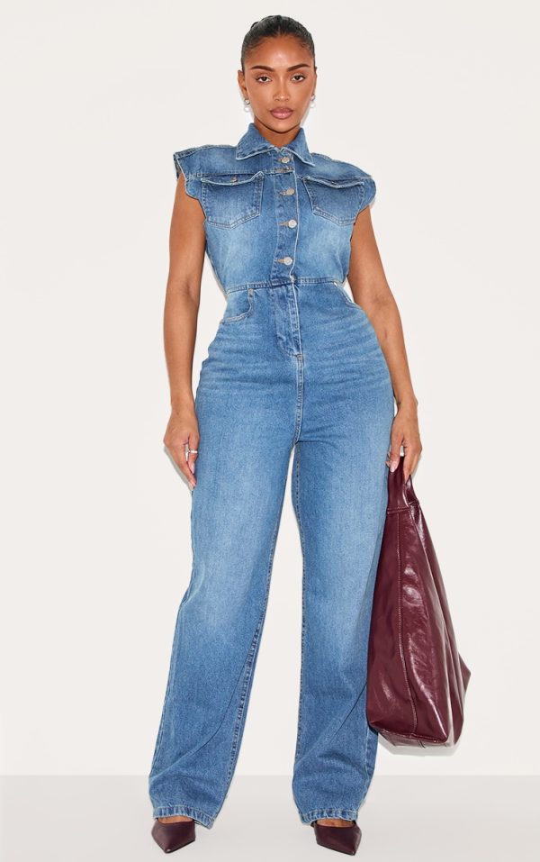 Shape Light Blue Sleeveless Rigid Denim Jumpsuit