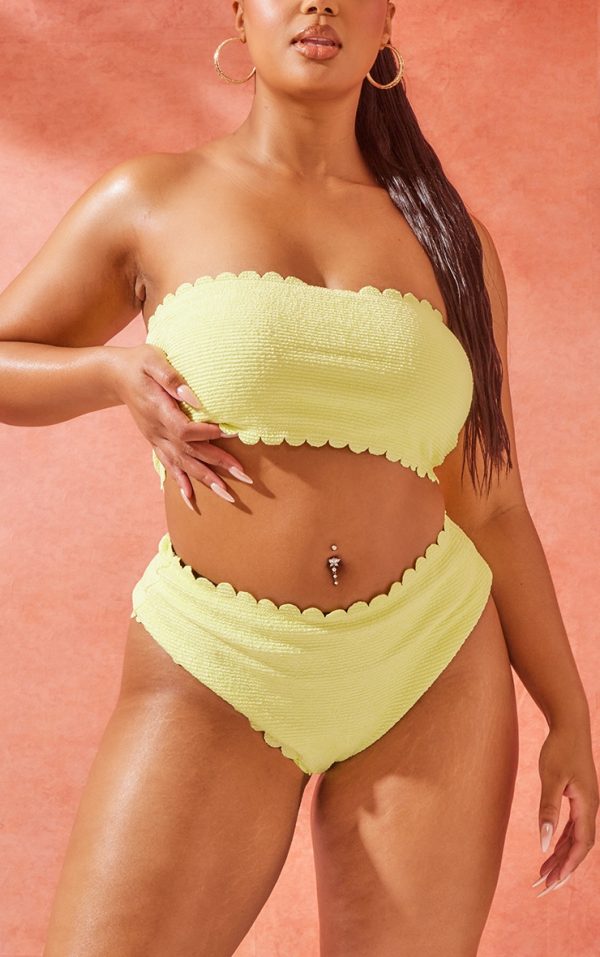 Plus Citrus Yellow Crinkle Scallop Edge High Leg Bikini Bottoms