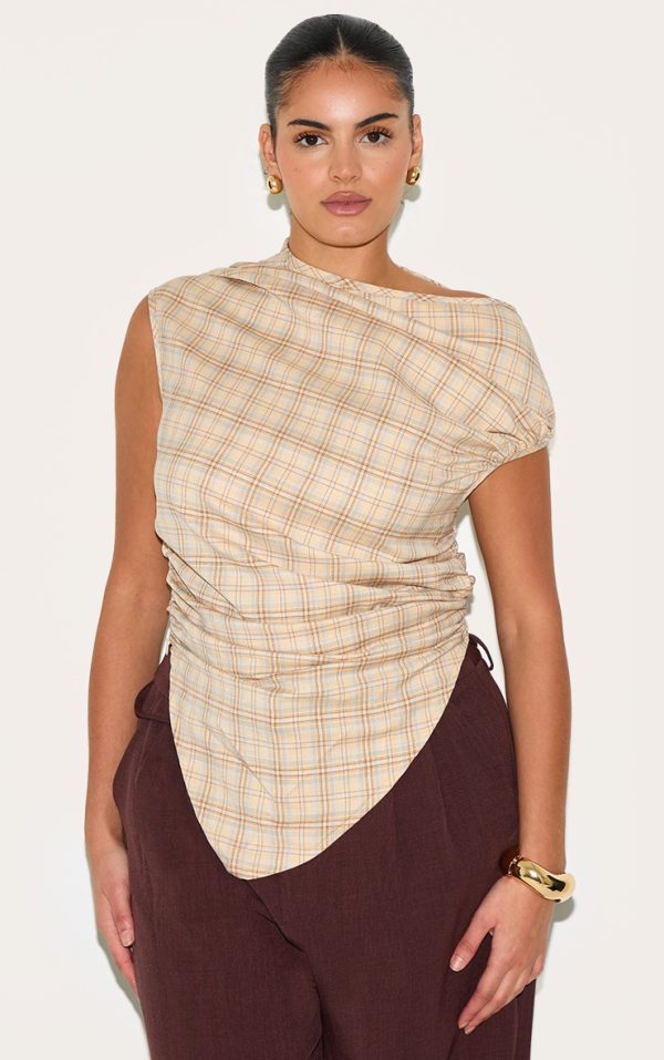 Plus Beige Multi Checked Ruched Top