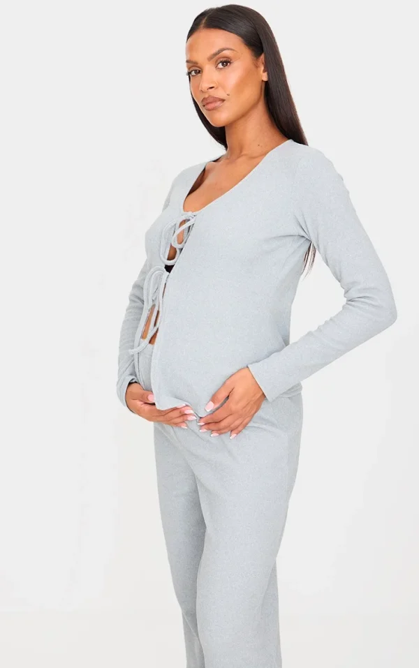 Maternity Grey Marl Brushed Rib Long Sleeve Tie Front Top