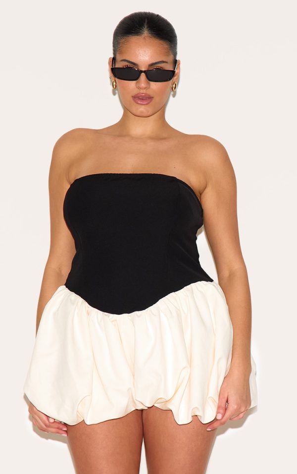 Plus Black Contrast Woven Bandeau Puffball Romper