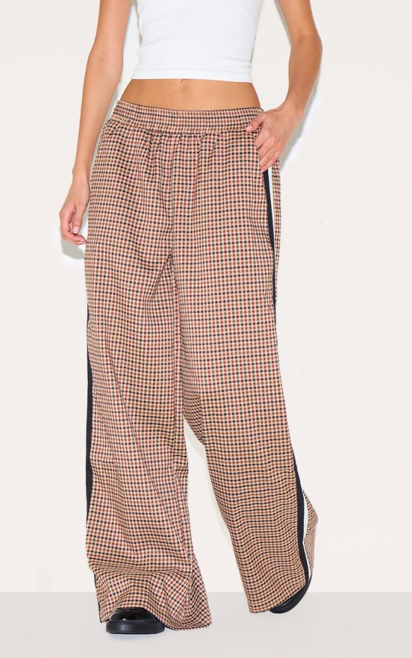 Brown Gingham Side Stripe Elasticated Waistband Straight Leg Pants