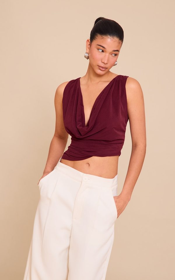 Wine Stretch Chiffon Cowl Neck Long Top