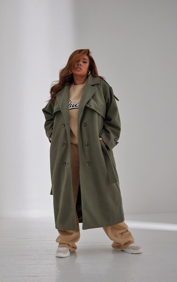 Plus Khaki Oversized Double Breasted Military Trim Coat